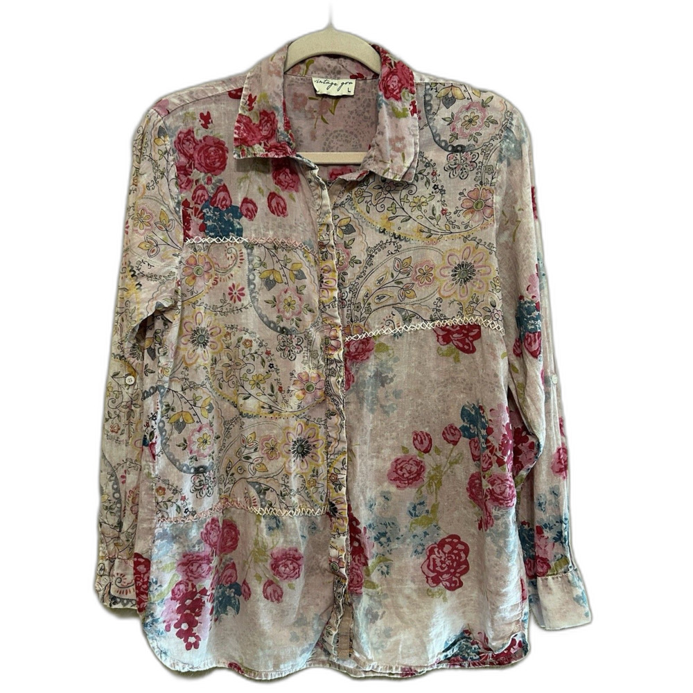 Vintage Goa Velvet Trim Floral Button Down Shirt Women Large Pink Boho Indie